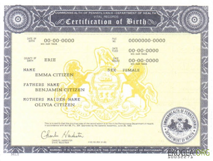 Acte de naissance aux États Unis, en Pennsylvanie